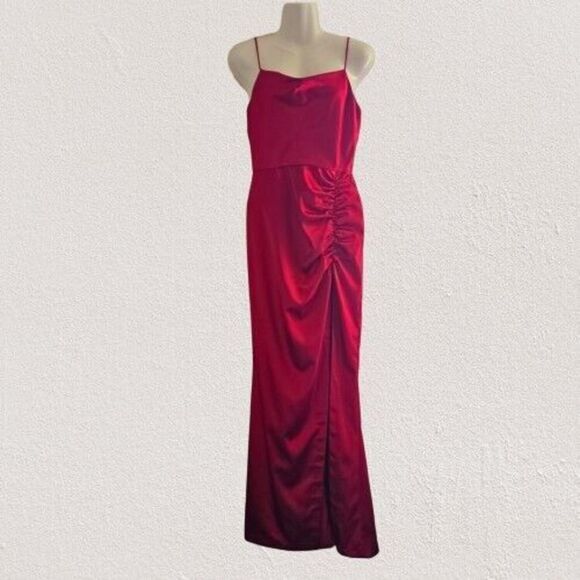 Aqua Women'S Red Draped Neck Ruched Side Slit Formal Dress Gown Size 2 - Picture 1 of 10